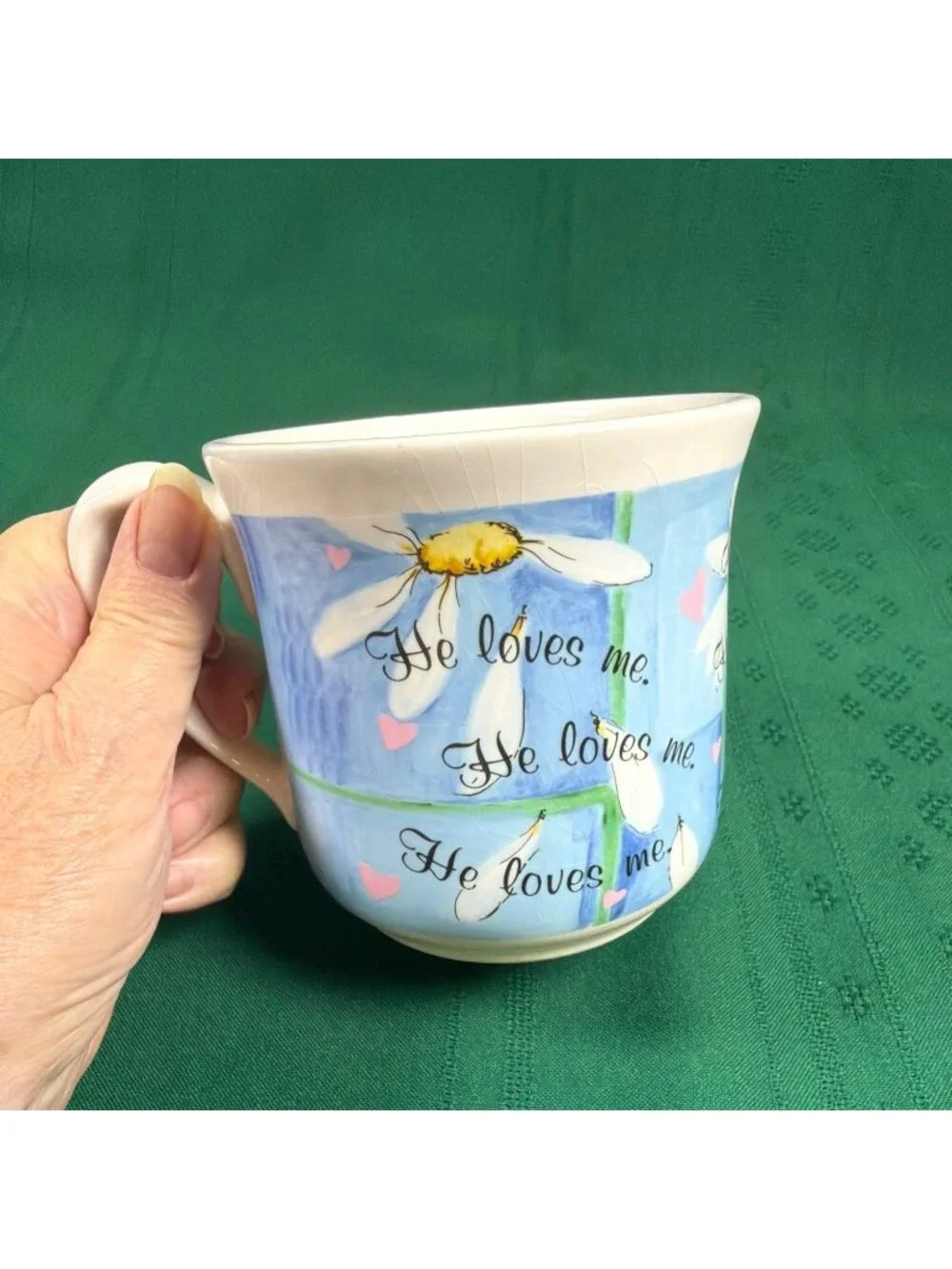 Vintage Watercolor Daisy Soup Mug He Loves Me Large Coffee Latte Cup Soup Mug